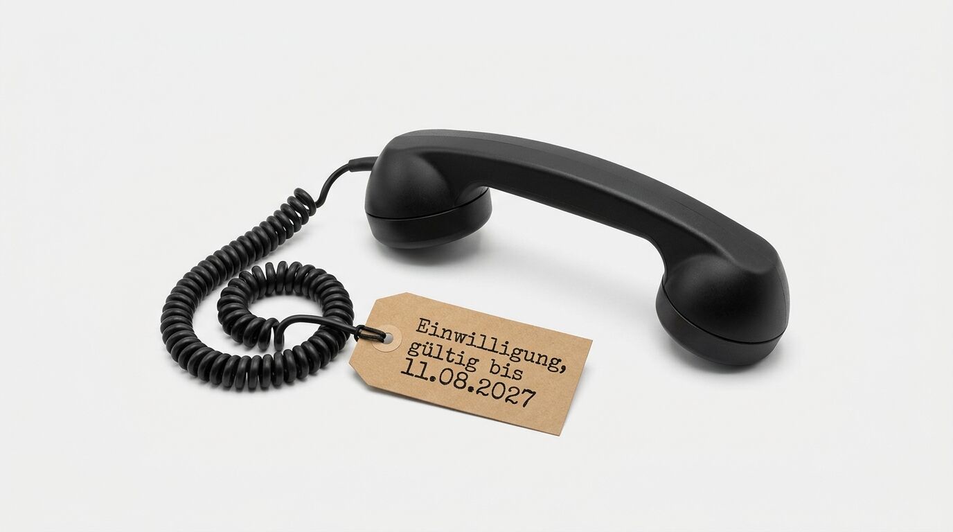 Schwarzer Telefonhörer mit Spiralkabel und braunem Anhänger auf weißem Grund