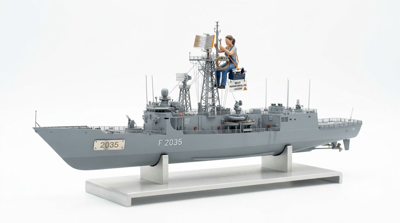 Modellschiff F 2035 mit Miniatur-Figur im Mast, Werkzeugkiste und Warnschild auf Ständer
