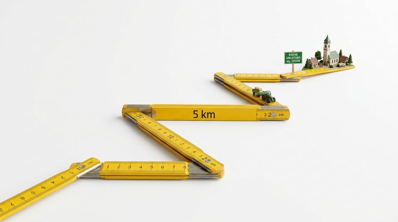 Meterstab mit Traktor, Ortsschild und Dorfminiaturen vor weißem Hintergrund