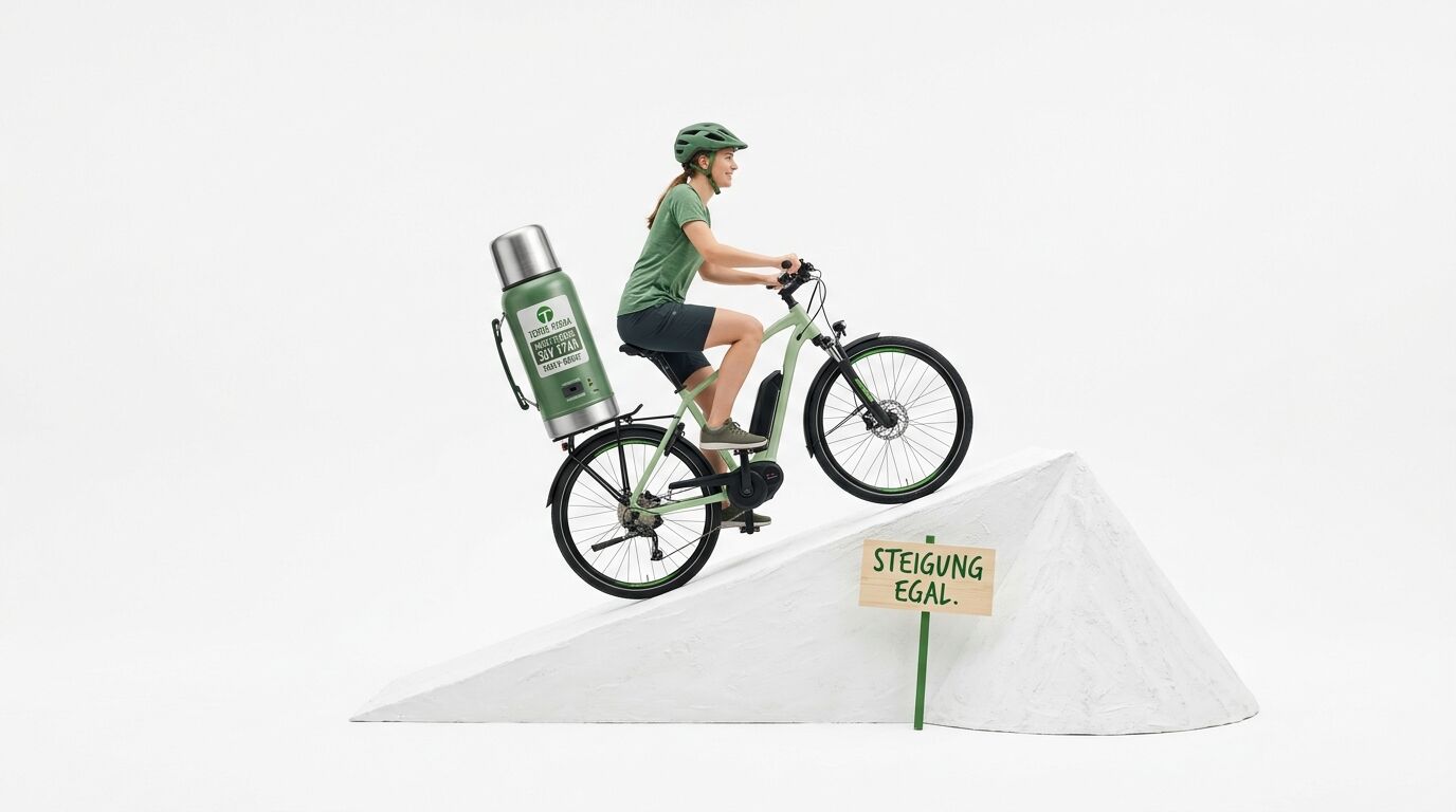 Radfahrerin auf E-Bike bergauf mit großer Flasche. Schild: STEIGUNG EGAL. Vor weißem Hintergrund
