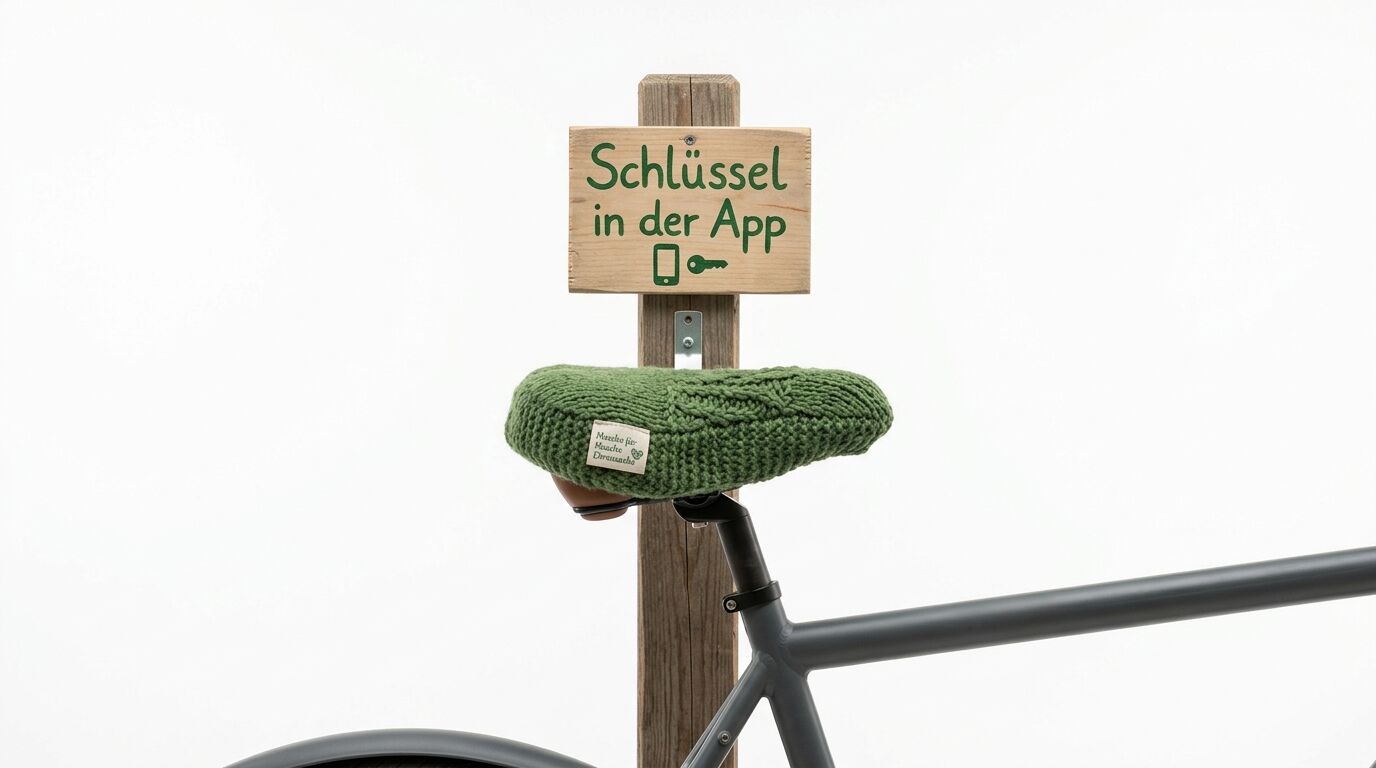 Fahrradsattel mit grünem Strickbezug und Holzschild „Schlüssel in der App“ auf weißem Grund