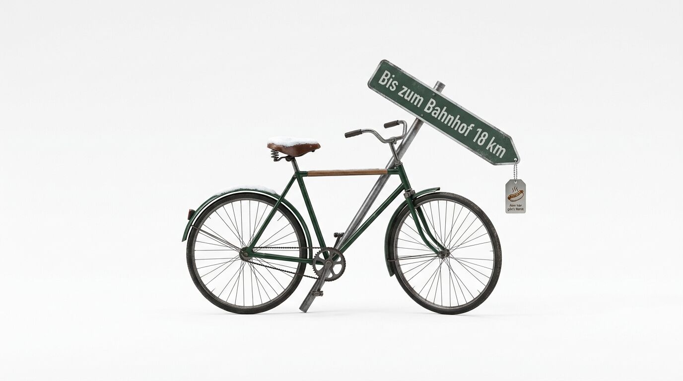Grünes Fahrrad mit Holzstange, Wegweiser und Wurst-Tag auf weißem Grund