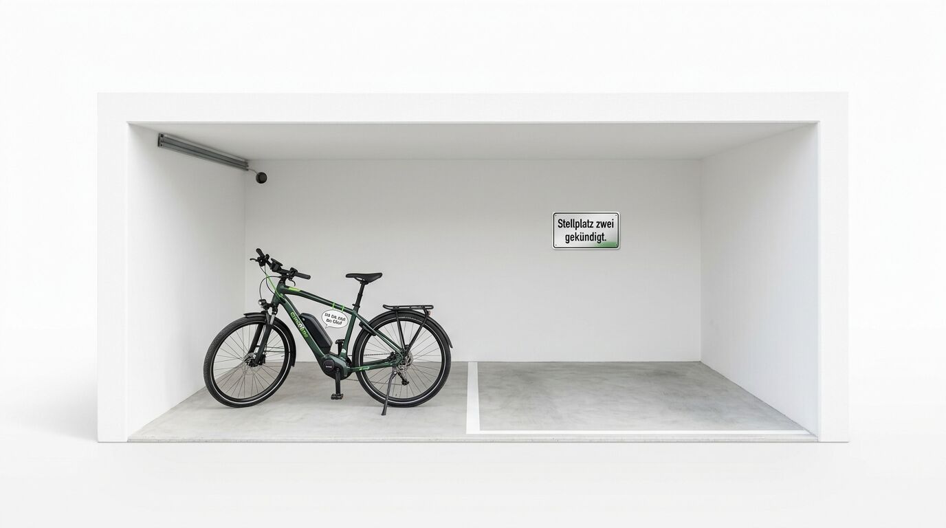 E-Bike in Garage neben Schild „Stellplatz zwei gekündigt.“ und leerem Parkplatz