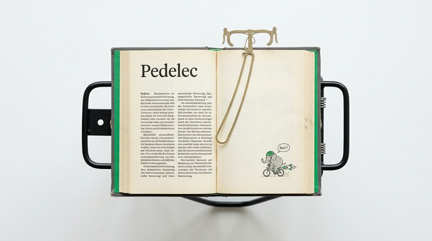 Offenes Buch mit Titel Pedelec, Text, Grafik und Lesezeichen auf Gestell