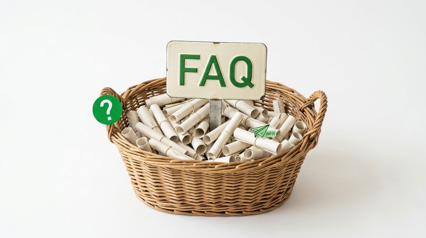 Ein Weidenkorb voller Papierrollen mit einem FAQ-Schild und einem Fragezeichen davor