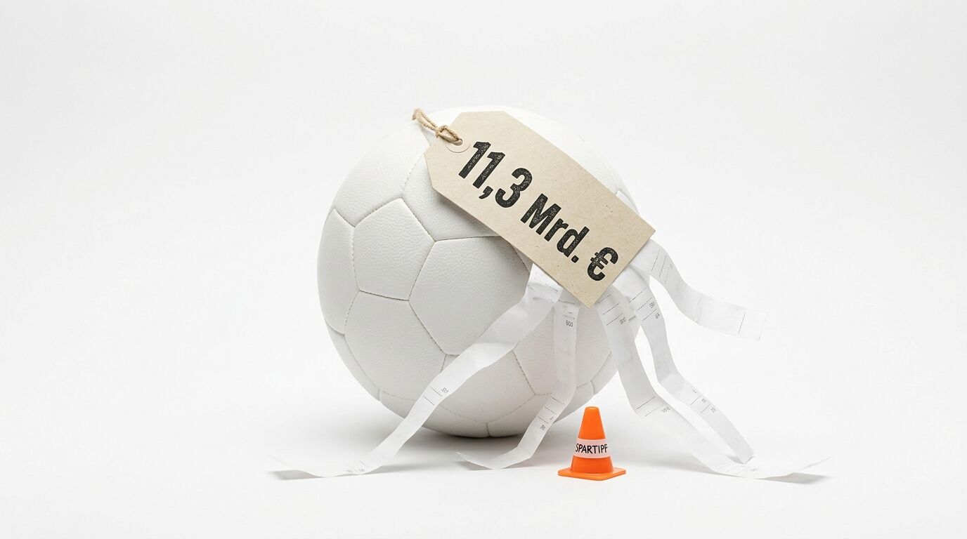 Ein weißer Fußball mit Preisschild (11,3 Mrd. €) und Kassenbons, daneben ein kleiner Hütchen-Kegel