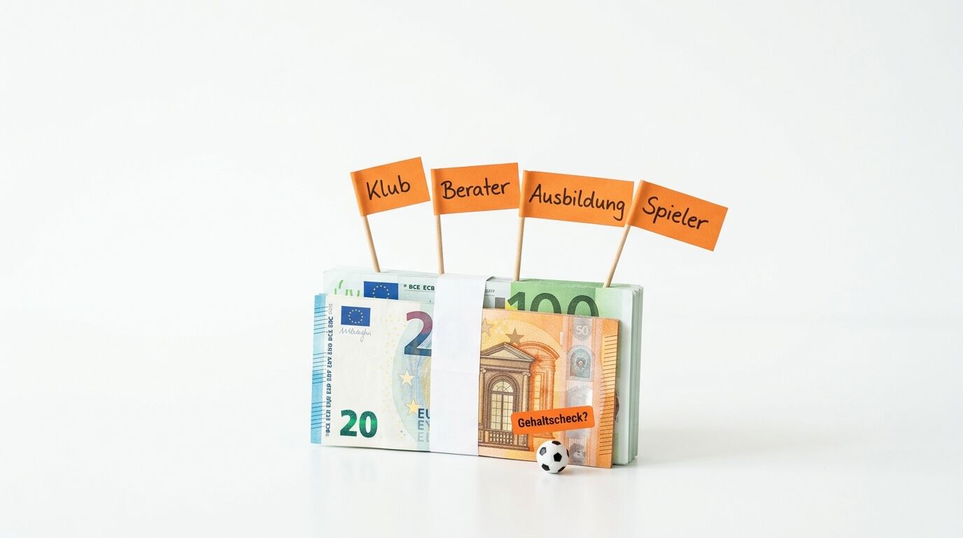 Geldstapel mit orangen Fähnchen (Klub, Berater, Ausbildung, Spieler) und Fußball davor