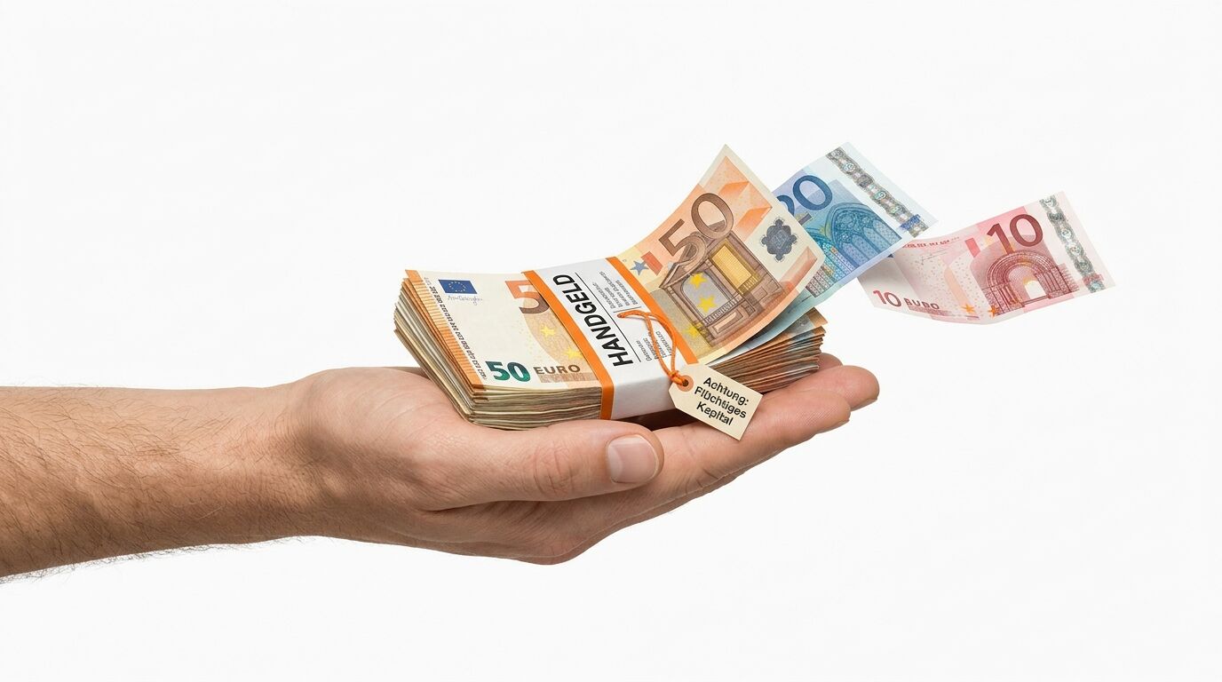 Eine Hand hält Euro-Scheine, zwei fliegen davon; Banderole und Anhänger mit Warntext