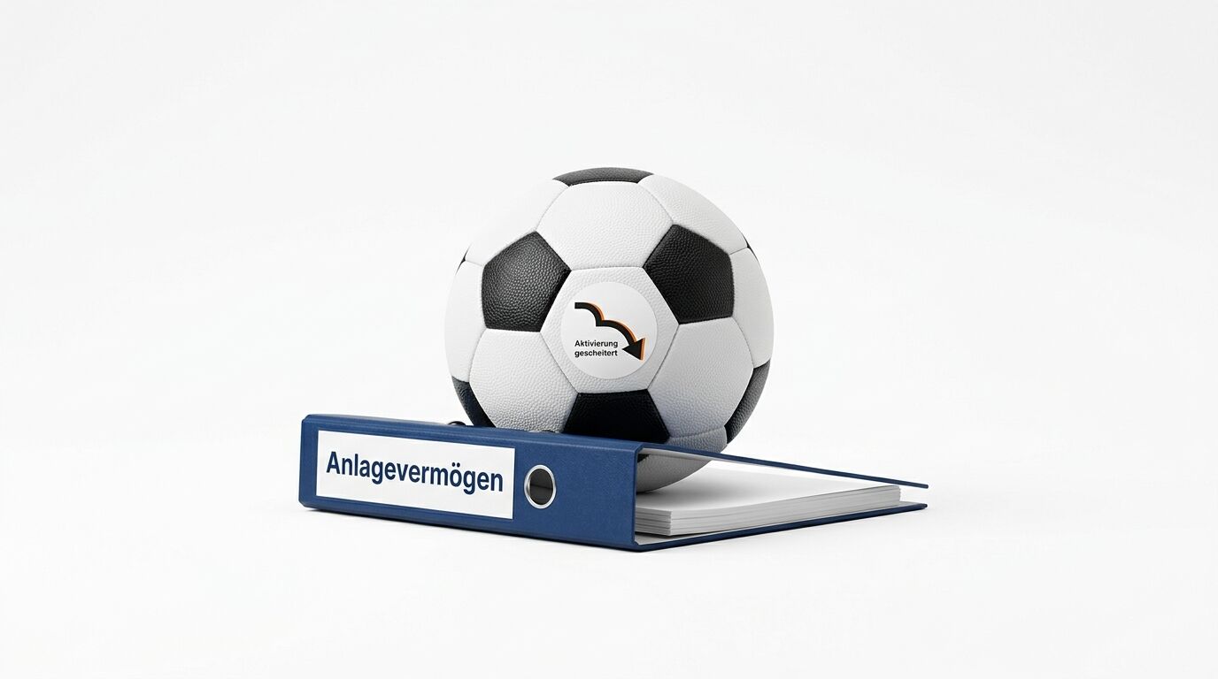 Fußball mit „Aktivierung gescheitert“-Sticker auf Aktenordner „Anlagevermögen“ auf Weiß