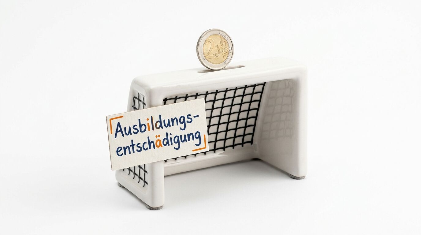 Fußballtor-Spardose mit 2-Euro-Münze im Schlitz und Schild „Ausbildungsentschädigung“