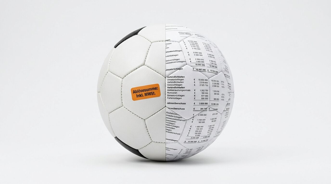 Fussball mit Finanzdaten auf der Hälfte und orangefarbenem Ablösesumme-Etikett vor weissem Hintergrund