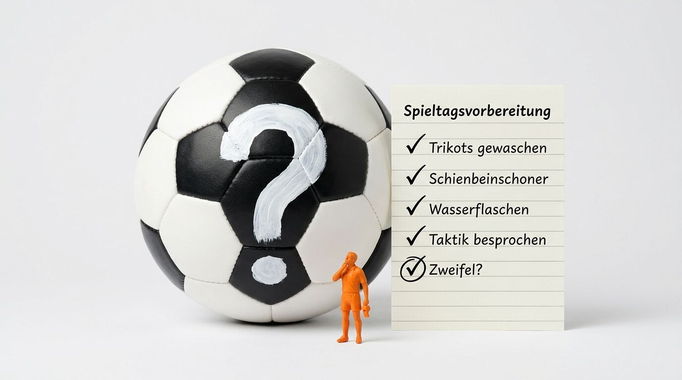 Fußball mit Fragezeichen neben einer Checkliste zur Spieltagsvorbereitung und einer kleinen Figur