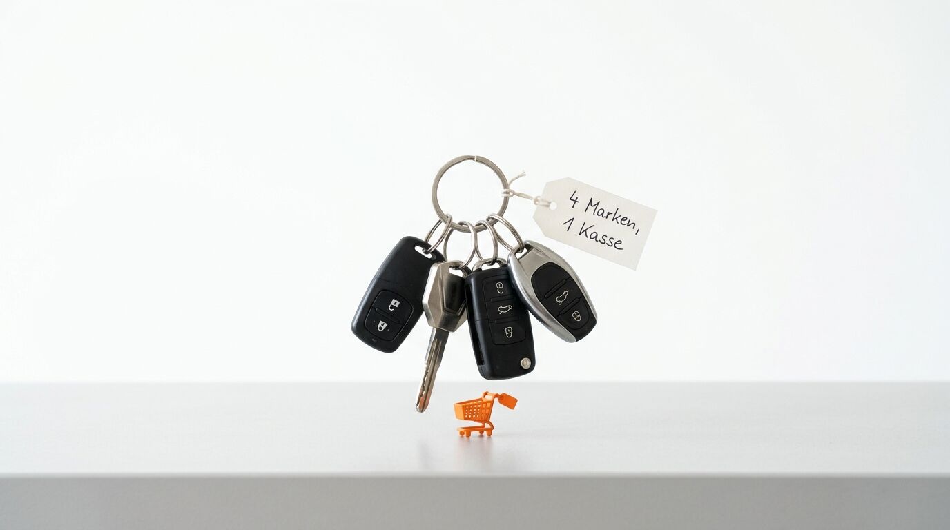 Autoschlüssel mit Etikett und Mini-Einkaufswagen