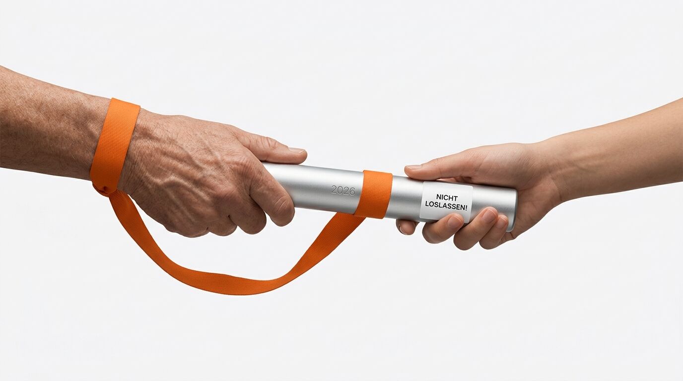 Eine Hand übergibt einen beschrifteten Stab an eine andere Hand auf weißem Hintergrund