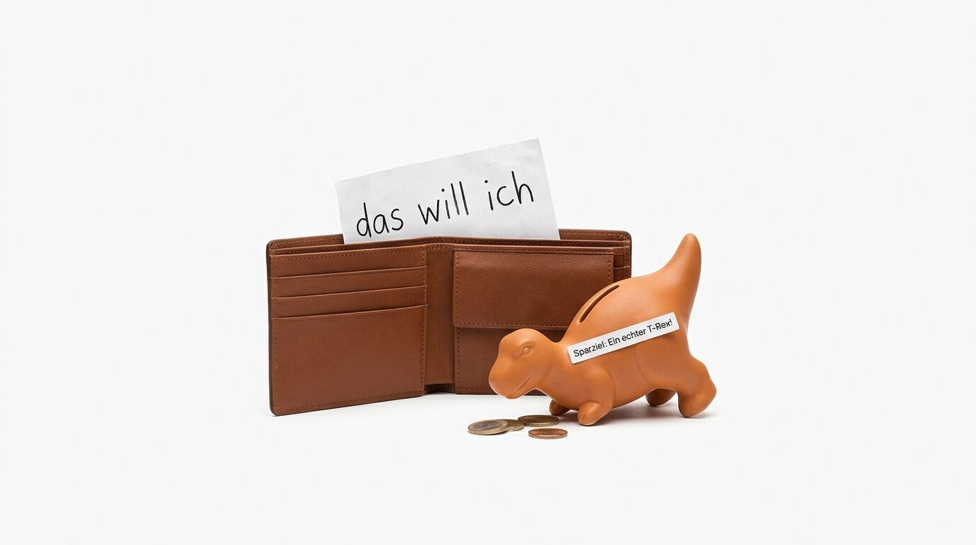 Brieftasche mit Zettel, T-Rex-Spardose mit Münzen, beides auf weißem Hintergrund