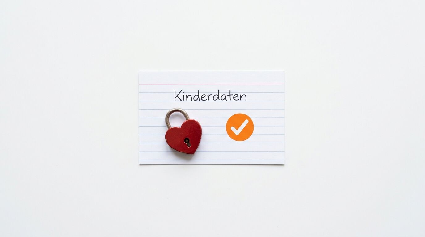 Notizkarte mit Wort „Kinderdaten“, rotem Herzschloss und orangem Haken auf weißem Grund