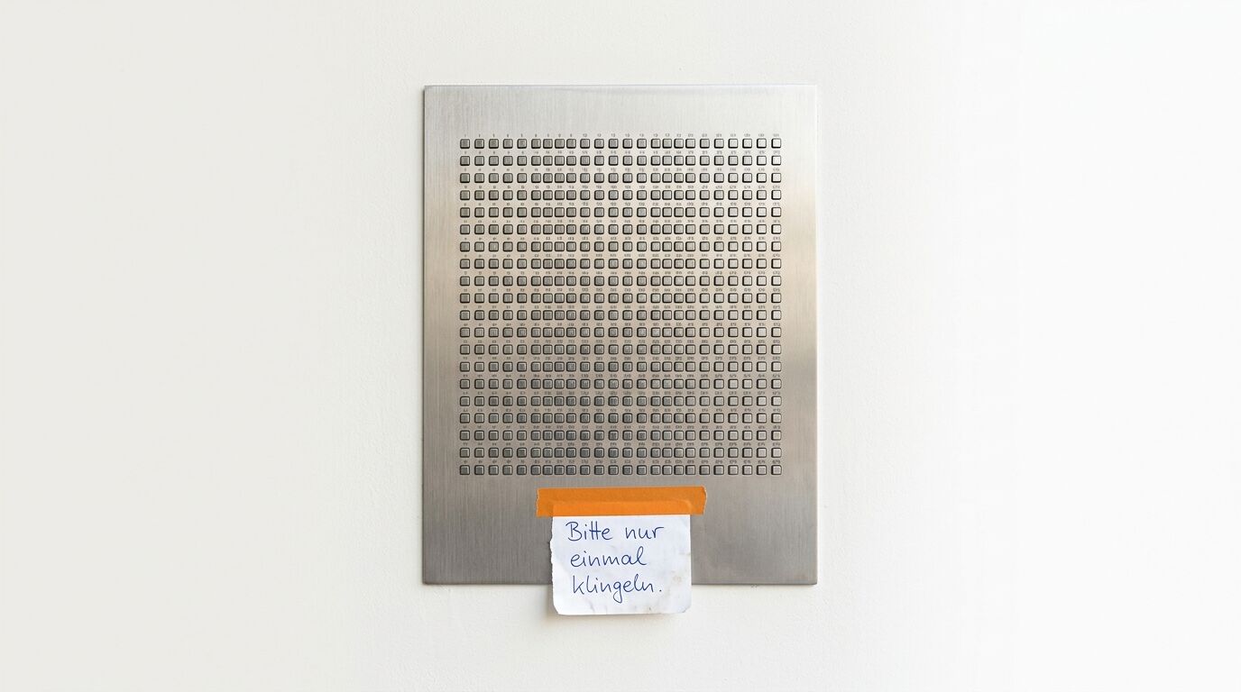 Klingelanlage aus Metall mit Zettel, darauf steht: „Bitte nur einmal klingeln.“