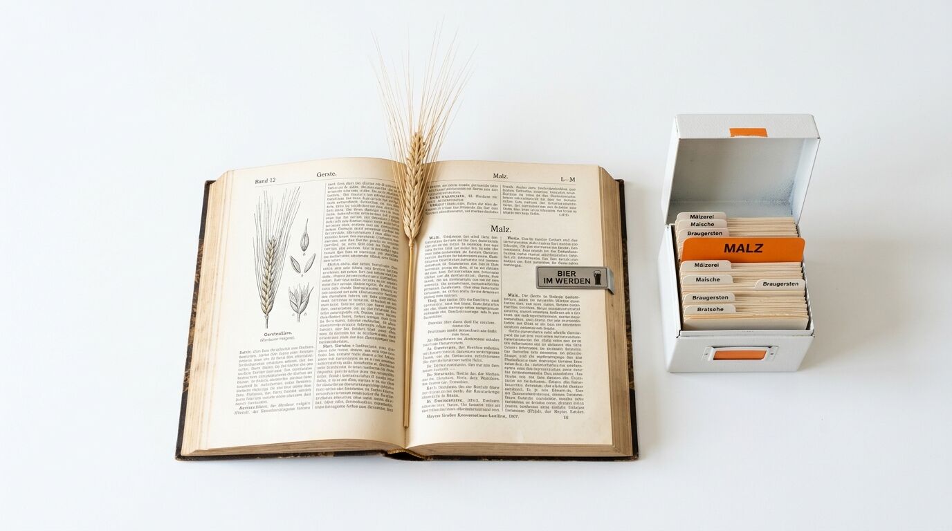 Aufgeschlagenes Buch mit Gerste, Metallklammer und Karteikasten mit Reitern