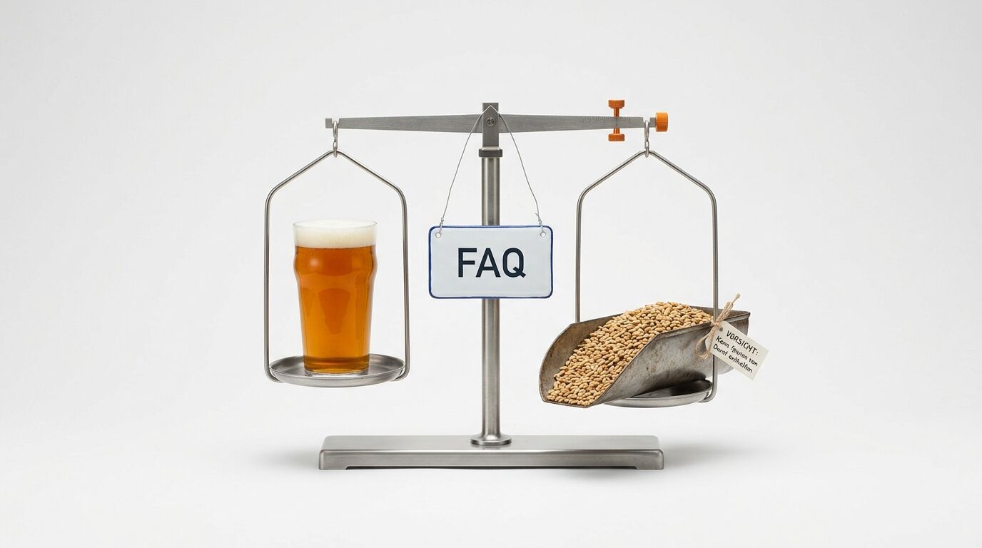 Balkenwaage mit Glas Bier links, Getreide rechts und „FAQ“-Schild in der Mitte