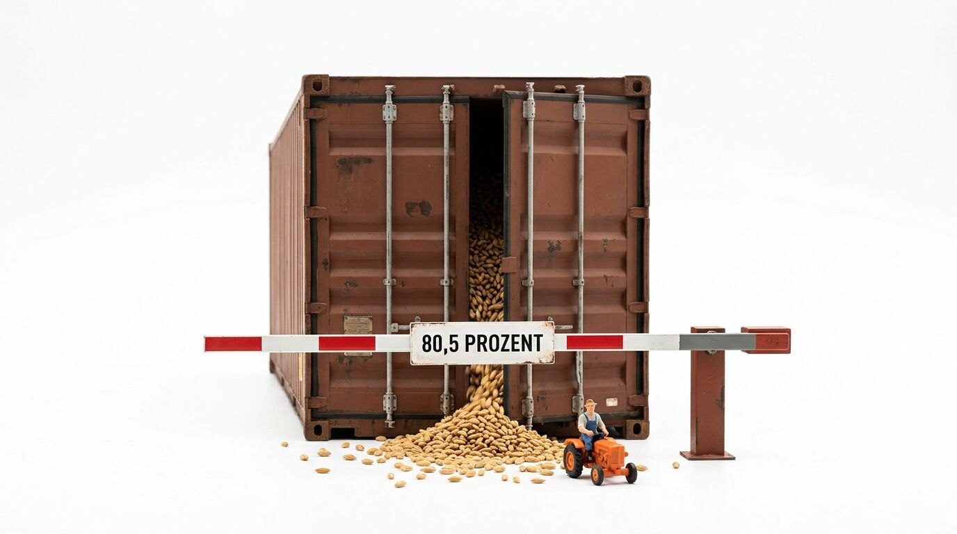 Miniatur-Container, Getreide, Traktor mit Bauer und Schranke mit Schild: 80,5 PROZENT