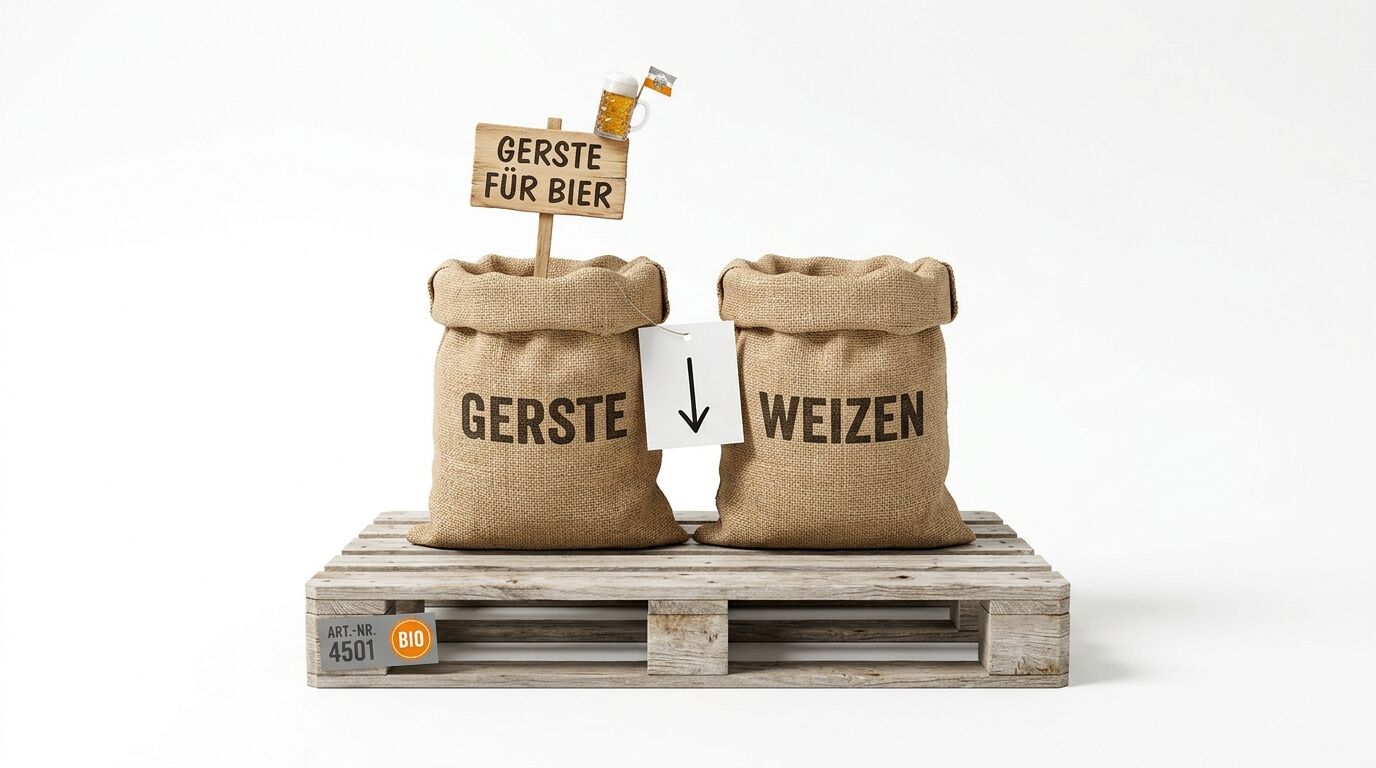 Säcke mit Gerste und Weizen auf Palette, Gerstensack markiert mit Pfeil