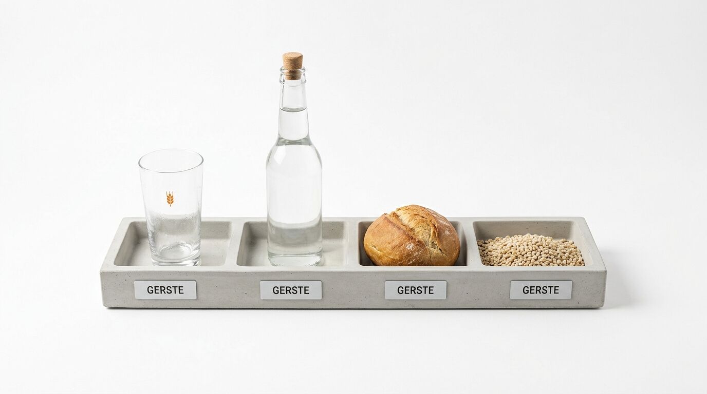 Eine Betonschale mit vier Fächern präsentiert links ein leeres Glas, dann eine Flasche mit Wasser, gefolgt von einem Brötchen und rechts einer Schale mit Getreidekörnern, jeweils mit dem Wort „GERSTE“ beschriftet