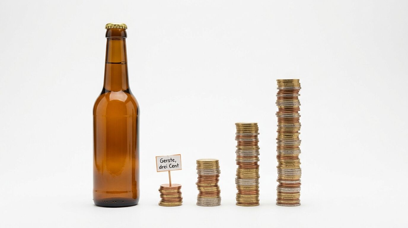 Bierflasche und steigende Geldstapel, kleinster Stapel mit Schild „Gerste, drei Cent“
