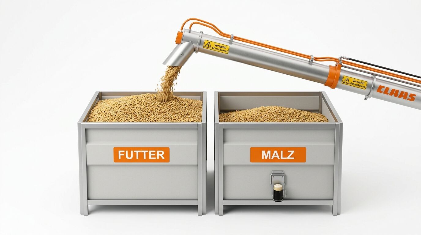 Ein Claas-Förderrohr füllt Getreide in einen Behälter namens