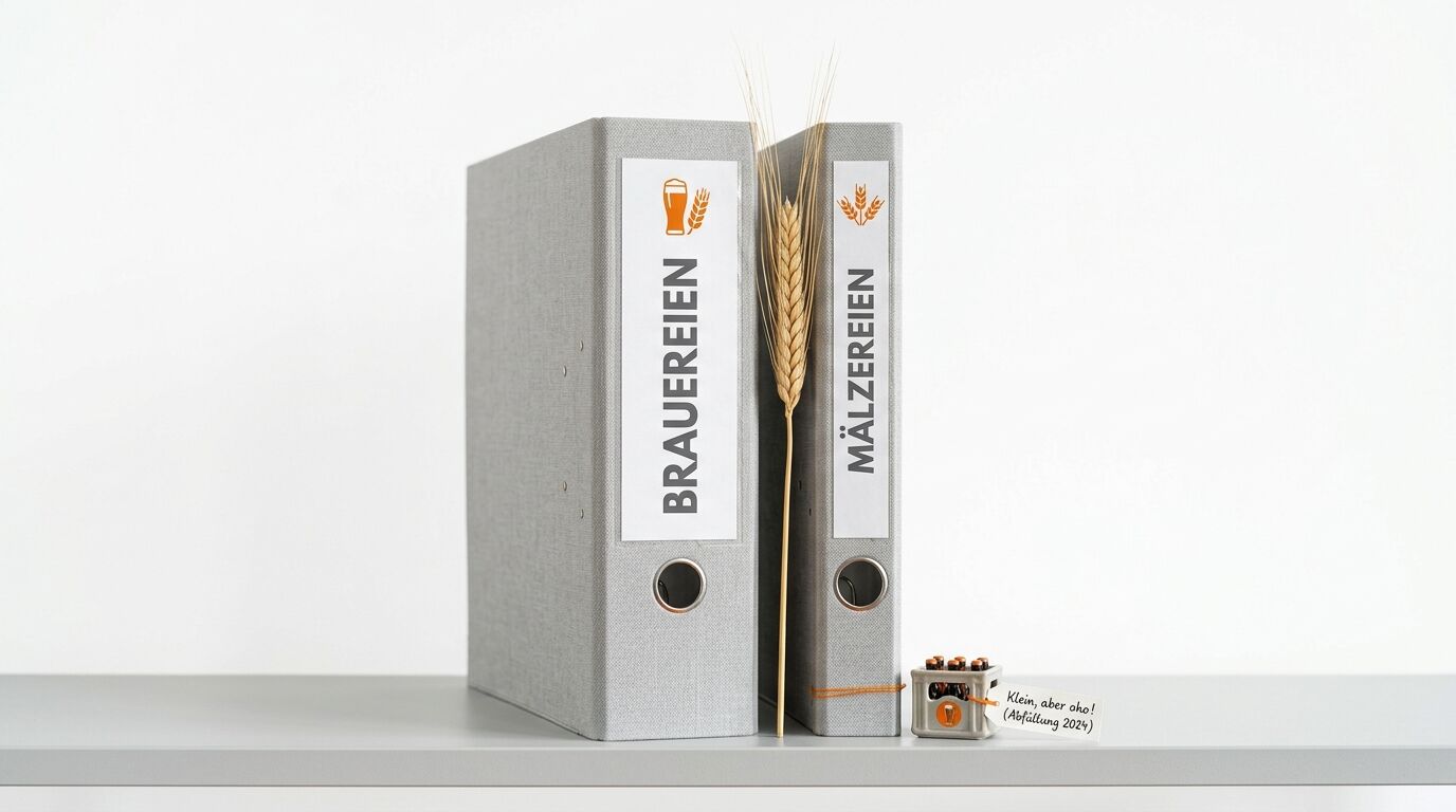 Graue Aktenordner „BRAUEREIEN“ und „MÄLZEREIEN“ mit Ähre und Mini-Bierkasten