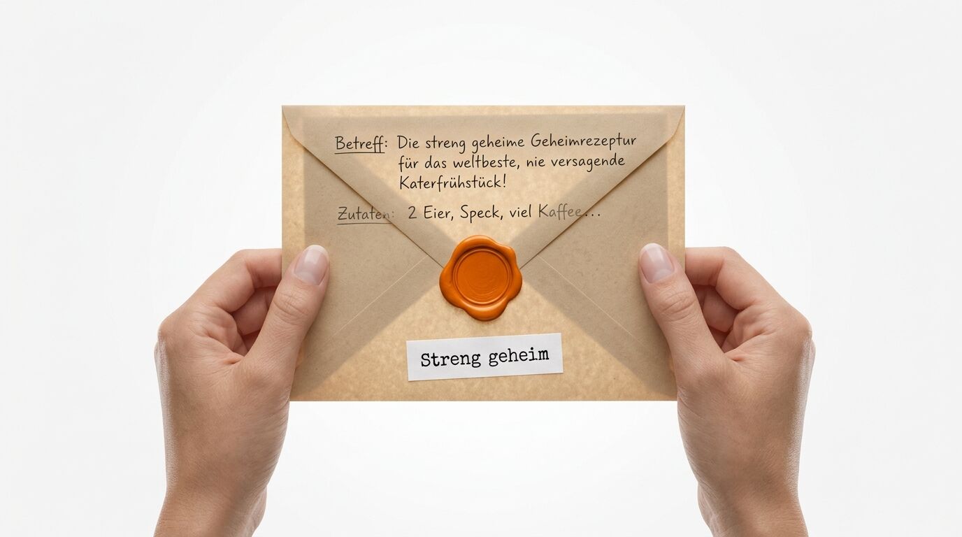 Zwei Hände halten einen braunen Umschlag mit Wachssiegel und handschriftlicher Notiz