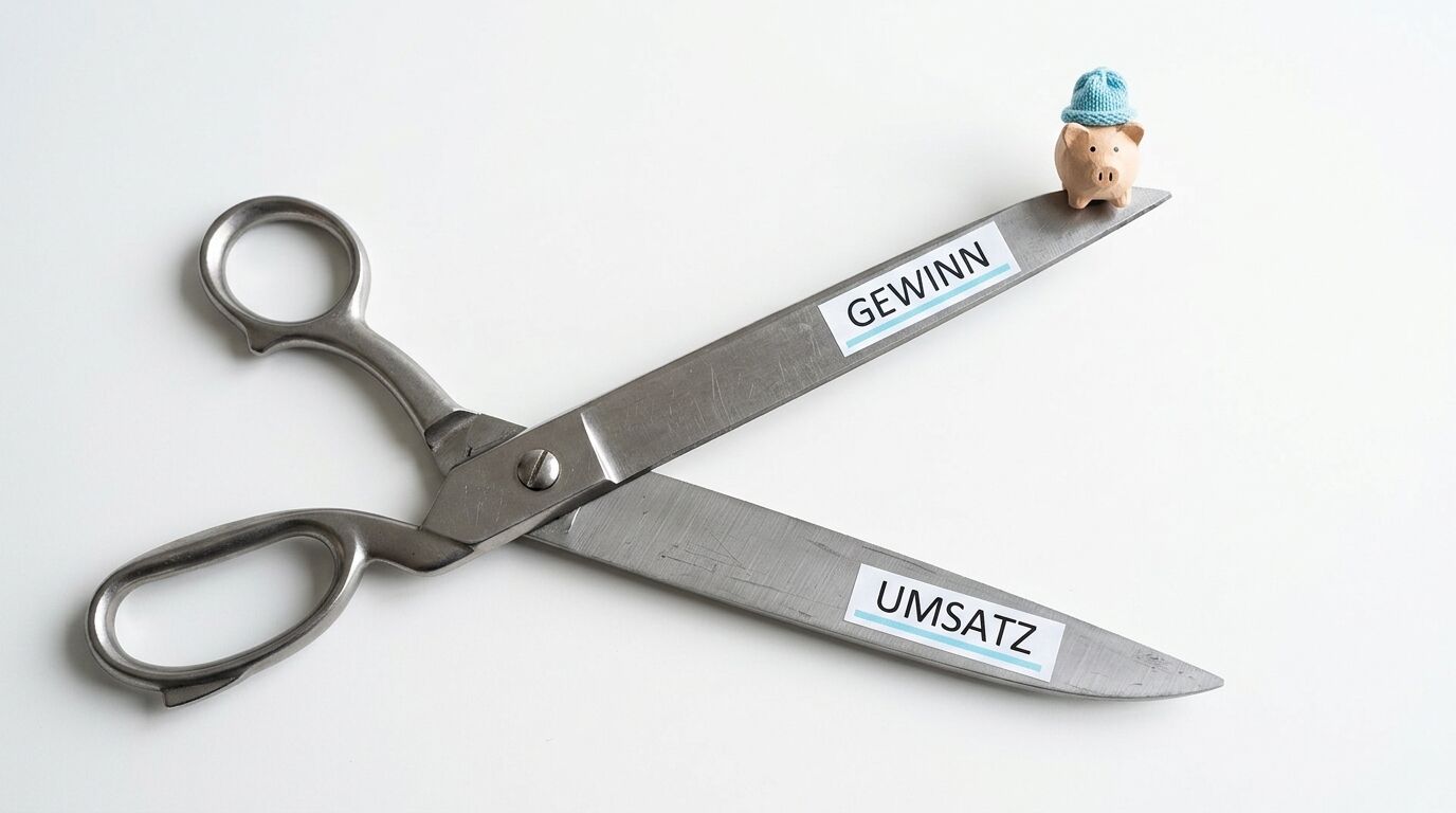 Schere mit Aufschrift „GEWINN“ und „UMSATZ“, kleines Sparschwein auf der Schneide