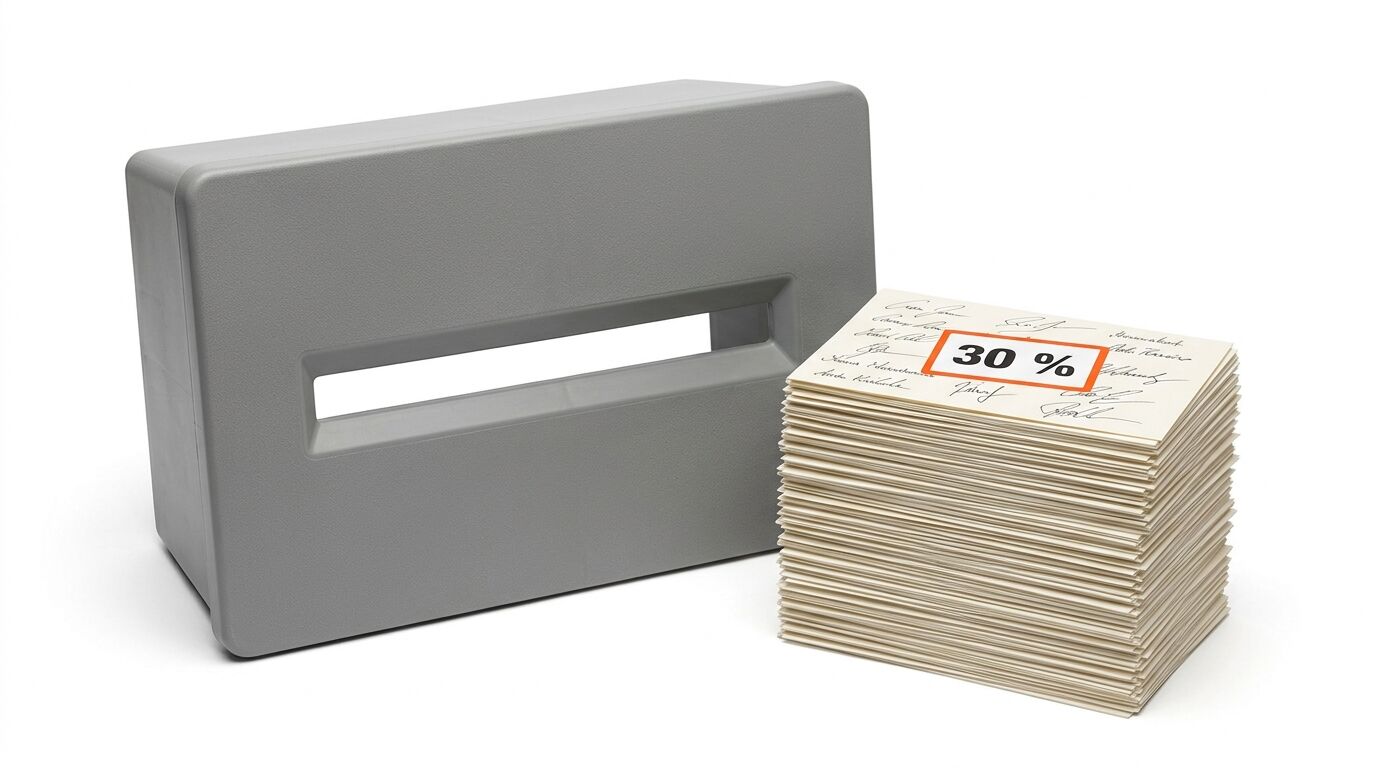 Ein grauer Briefkasten und ein Stapel Briefumschläge mit der Aufschrift „30%“ auf weißem Grund