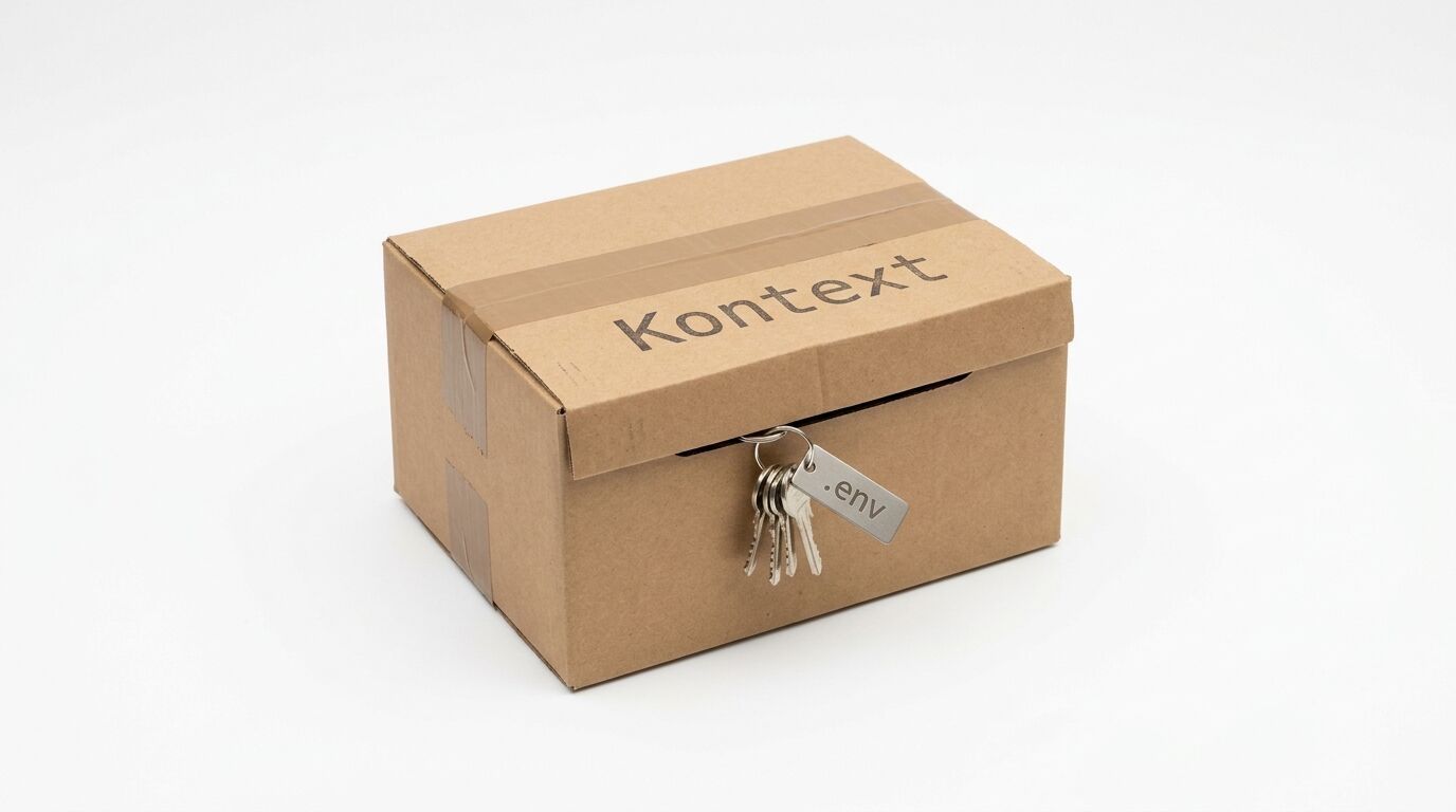 Karton mit Aufdruck „Kontext“, an dem Schlüssel mit Anhänger „.env“ hängen