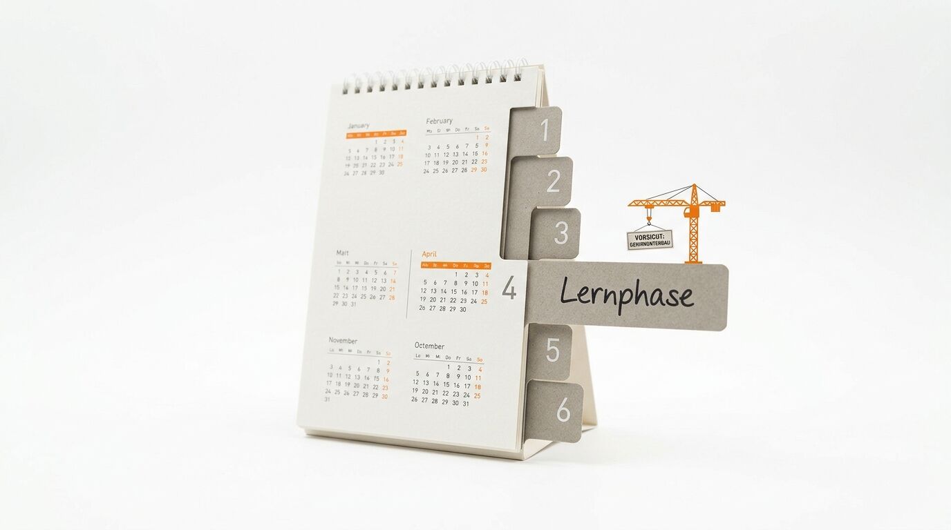 Ein Wandkalender mit Spiralbindung zeigt mehrere Monate. Daneben steht eine beige Lernphase-Staffel mit nummerierten Blöcken 1-6 und einem Baukran-Symbol