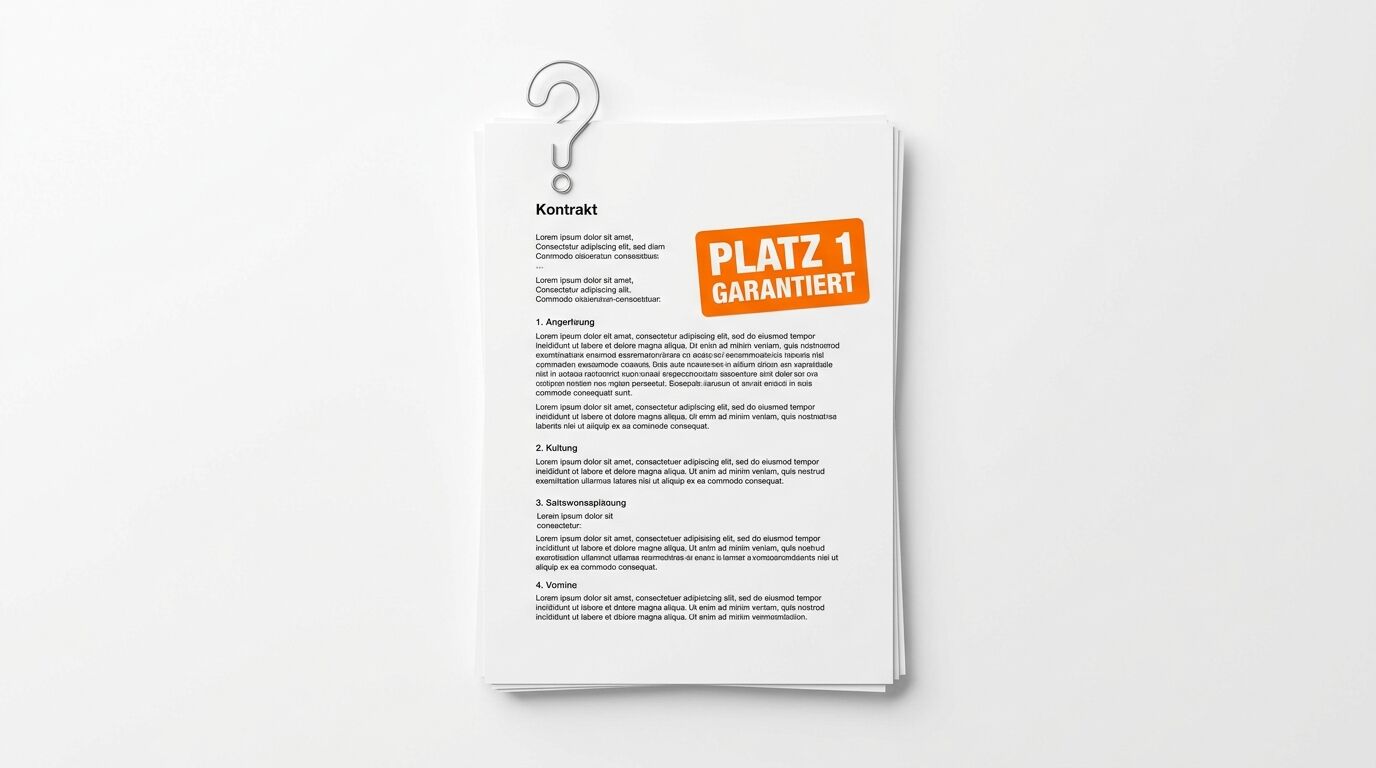 Stapel von Dokumenten mit Fragezeichen und orange "Platz 1 Garantiert"-Siegel auf grauem Hintergrund