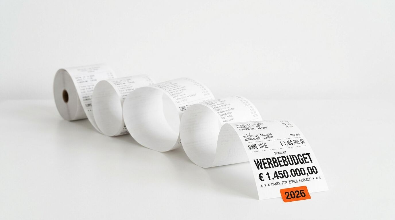 Mehrere aufgerollte Kassenzettel zeigen ein Werbebudget von 1.450.000 Euro für 2026 mit Dankestext