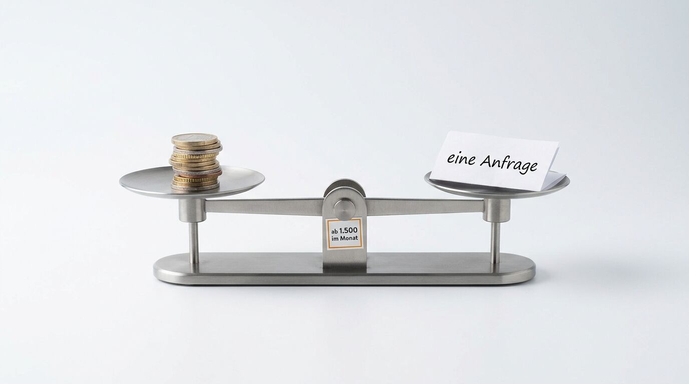Eine Waage mit Münzen links und einem Zettel "eine Anfrage" rechts. Label zeigt "ab 1.500 im Monat"