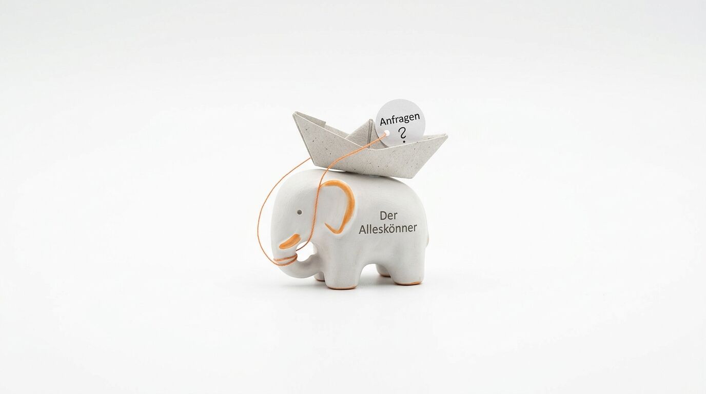 Weißer Elefant mit orangener Schnur, Papierschiff oben drauf, Beschriftung "Der Alleskönner" und "Anfragen?"