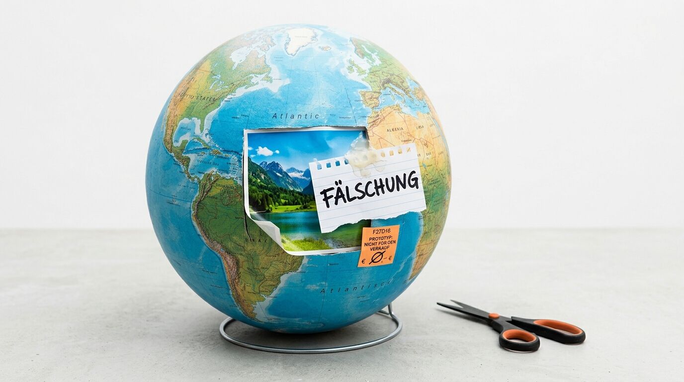 Ein Globus mit aufgeklebtem Landschaftsfoto und Zettel „FÄLSCHUNG“ vor grauem Hintergrund