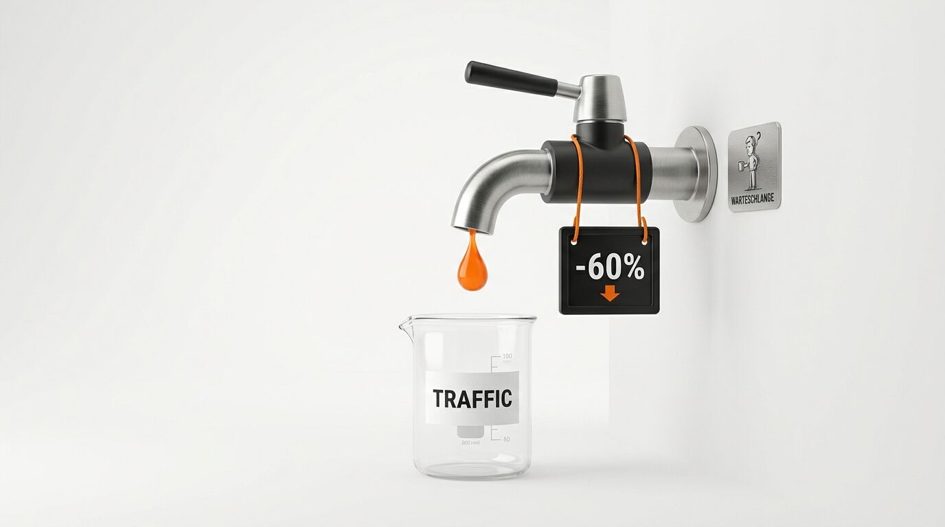 Ein Wasserhahn mit „-60%“-Schild tropft orange Flüssigkeit in ein Becherglas mit „TRAFFIC“-Aufschrift