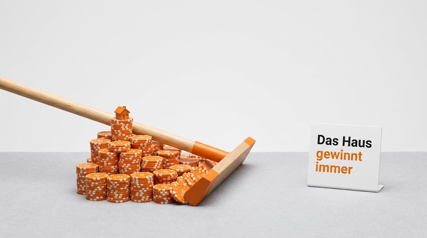 Ein Haus auf orangen Pokerchips wird von einer Schaufel umgeworfen, daneben ein Textschild
