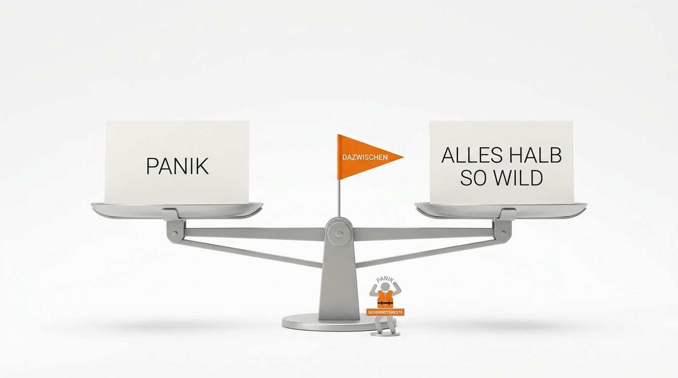 Eine Waage mit den Texten „PANIK“ und „ALLES HALB SO WILD“ im Gleichgewicht