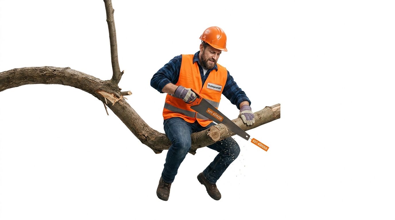 Mann sägt im Sitzen an dem Ast, auf dem er sich befindet