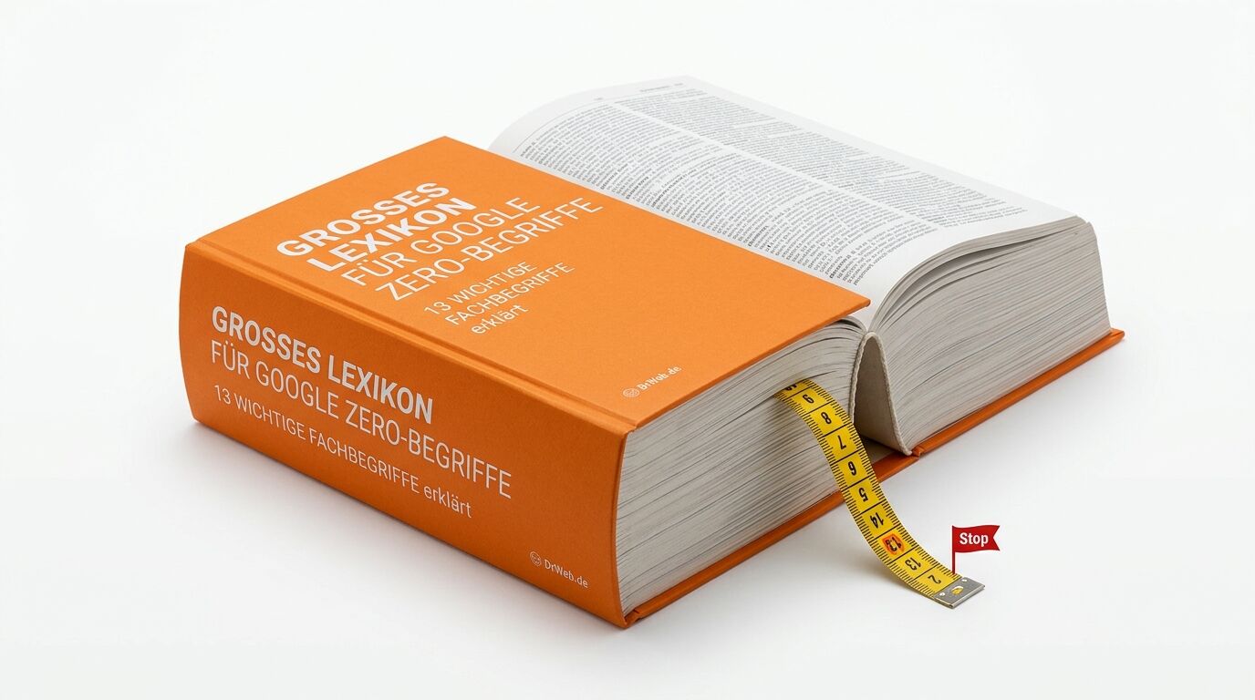 Ein orangefarbenes Buch, offen, mit Maßband und „Stop“-Fähnchen, auf weißem Hintergrund