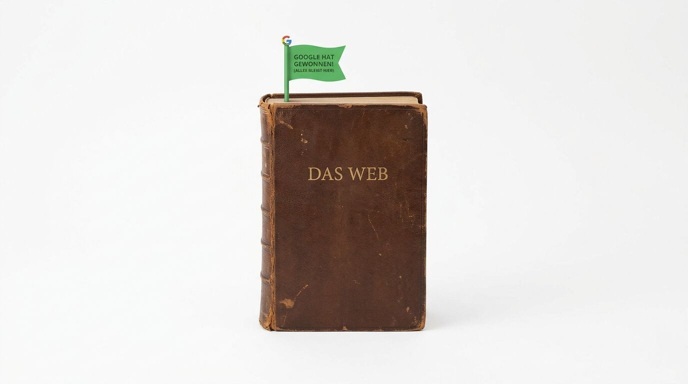 Ein altes braunes Buch, betitelt „DAS WEB“, steht senkrecht auf weißem Hintergrund. Eine kleine grüne Fahne mit der Aufschrift „GOOGLE HAT GEWONNEN! (ALLES BLEIBT HIER!)“ ragt oben aus den Seiten. Ein kleines Google-Logo ist am oberen Ende des Fahnenmastes befestigt