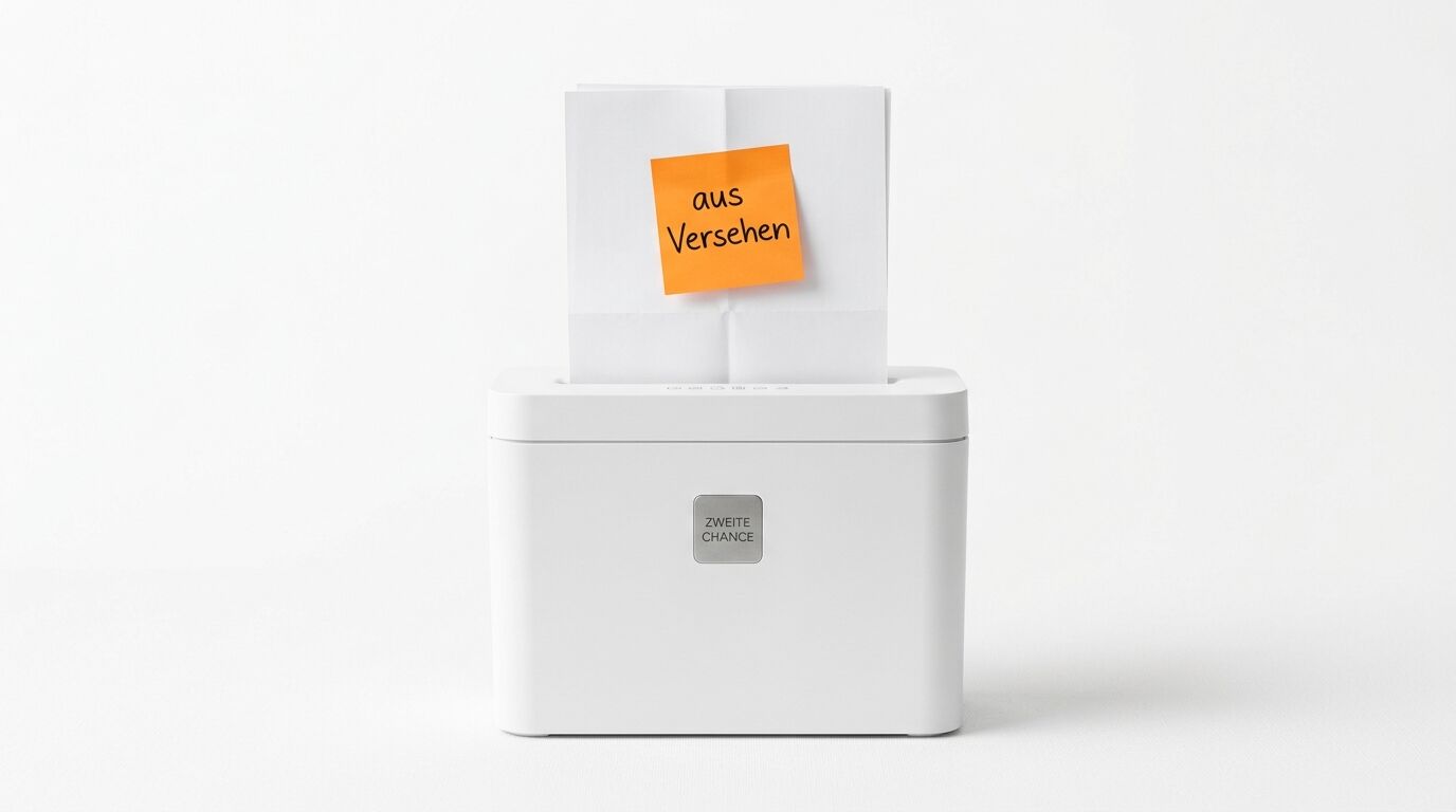 Aktenvernichter mit Zettel „aus Versehen“, Logo „ZWEITE CHANCE“, weißer Hintergrund