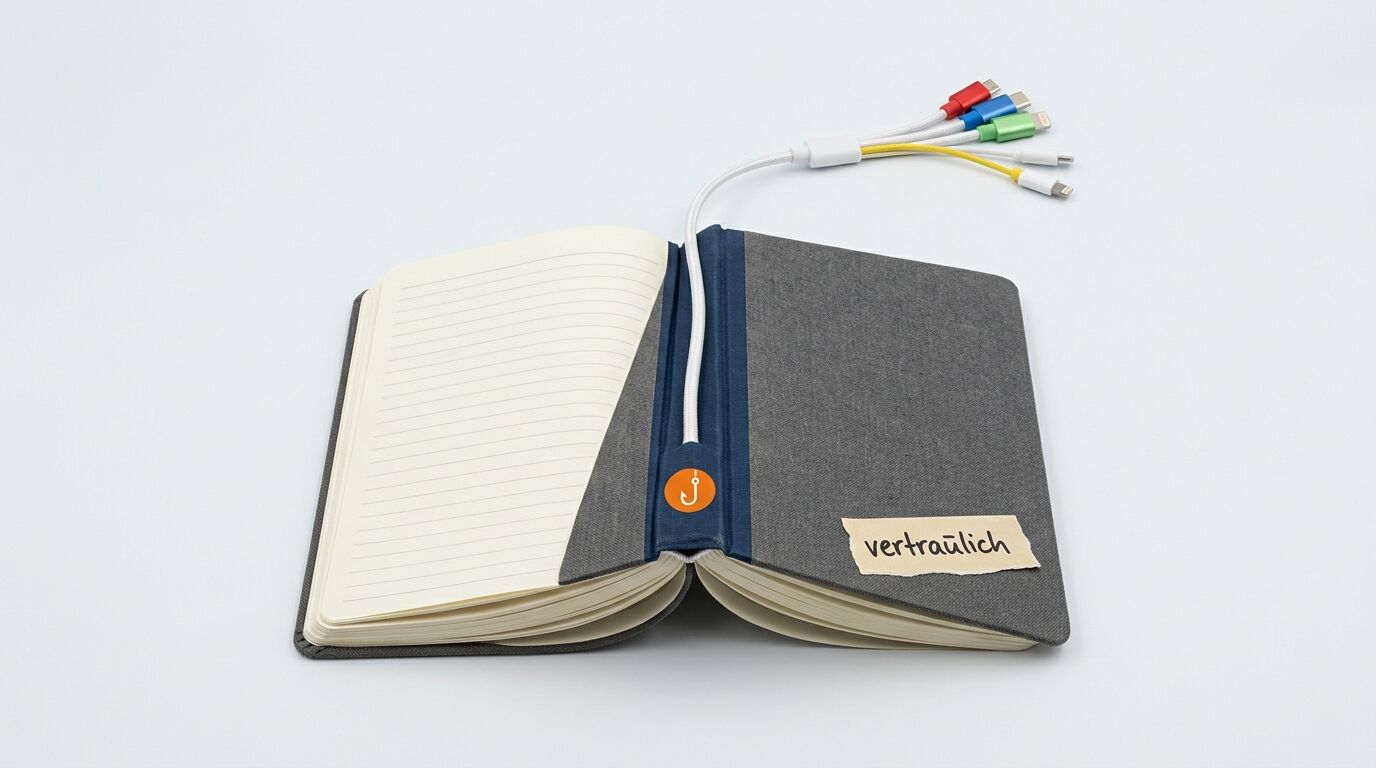 Notizbuch mit Ladekabel und Aufschrift