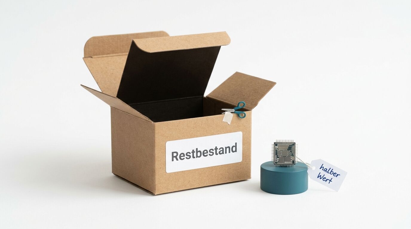 Offener Karton mit Aufschrift „Restbestand“ neben Chip auf Sockel und Schild „halber Wert“