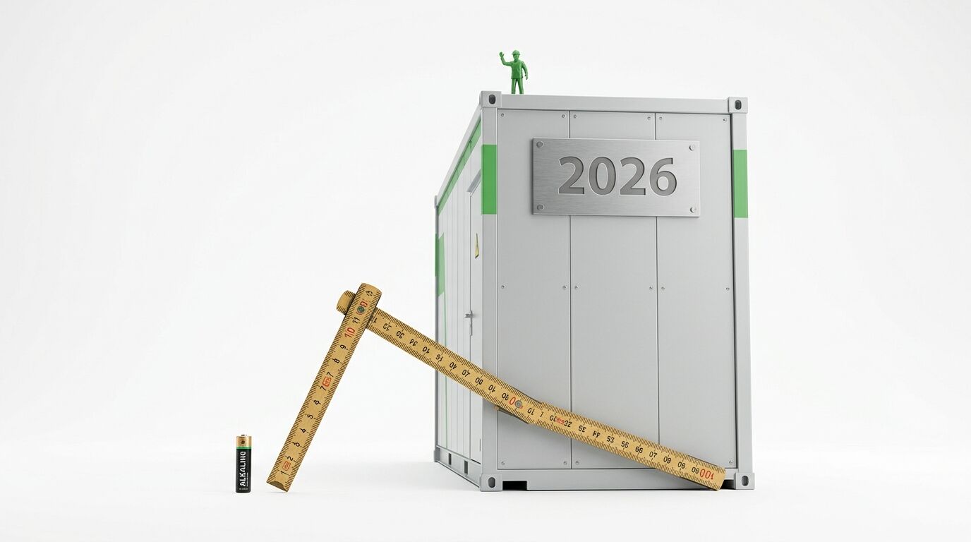 Container „2026“ mit Miniaturarbeiter, Zollstock und Batterie vor weißem Hintergrund