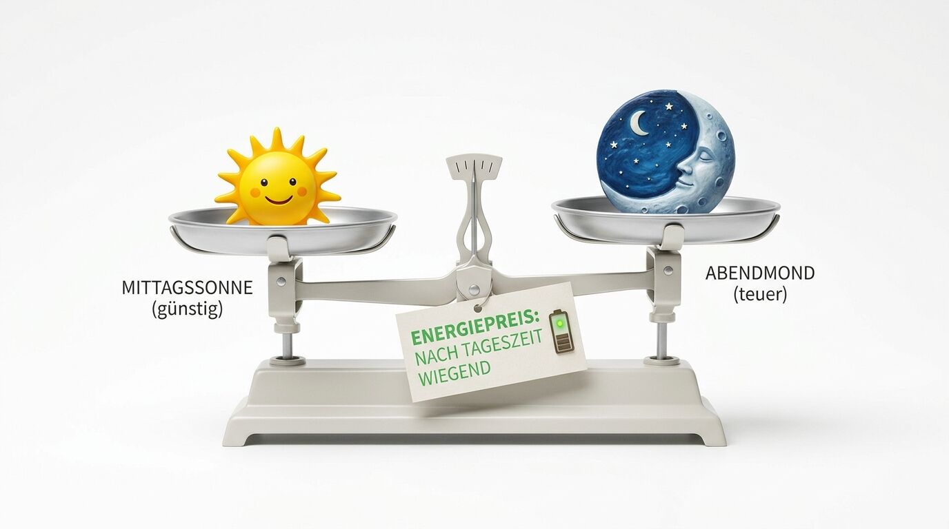 Symbolbild zum Strompreis nach Tageszeit: Sonne (günstig) und Mond (teuer) auf einer Waage